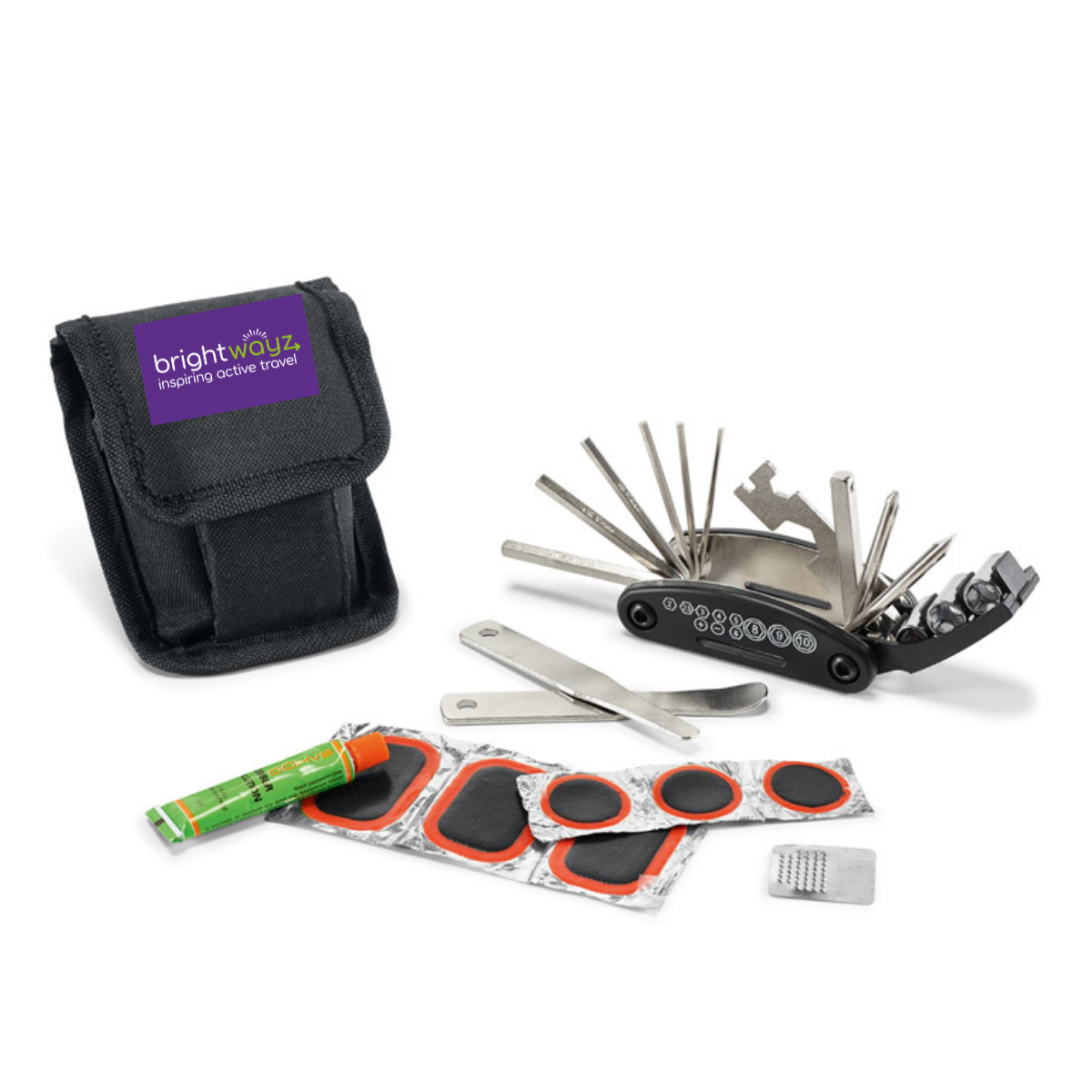 black pouch with selection of cycle tools and puncture repair items