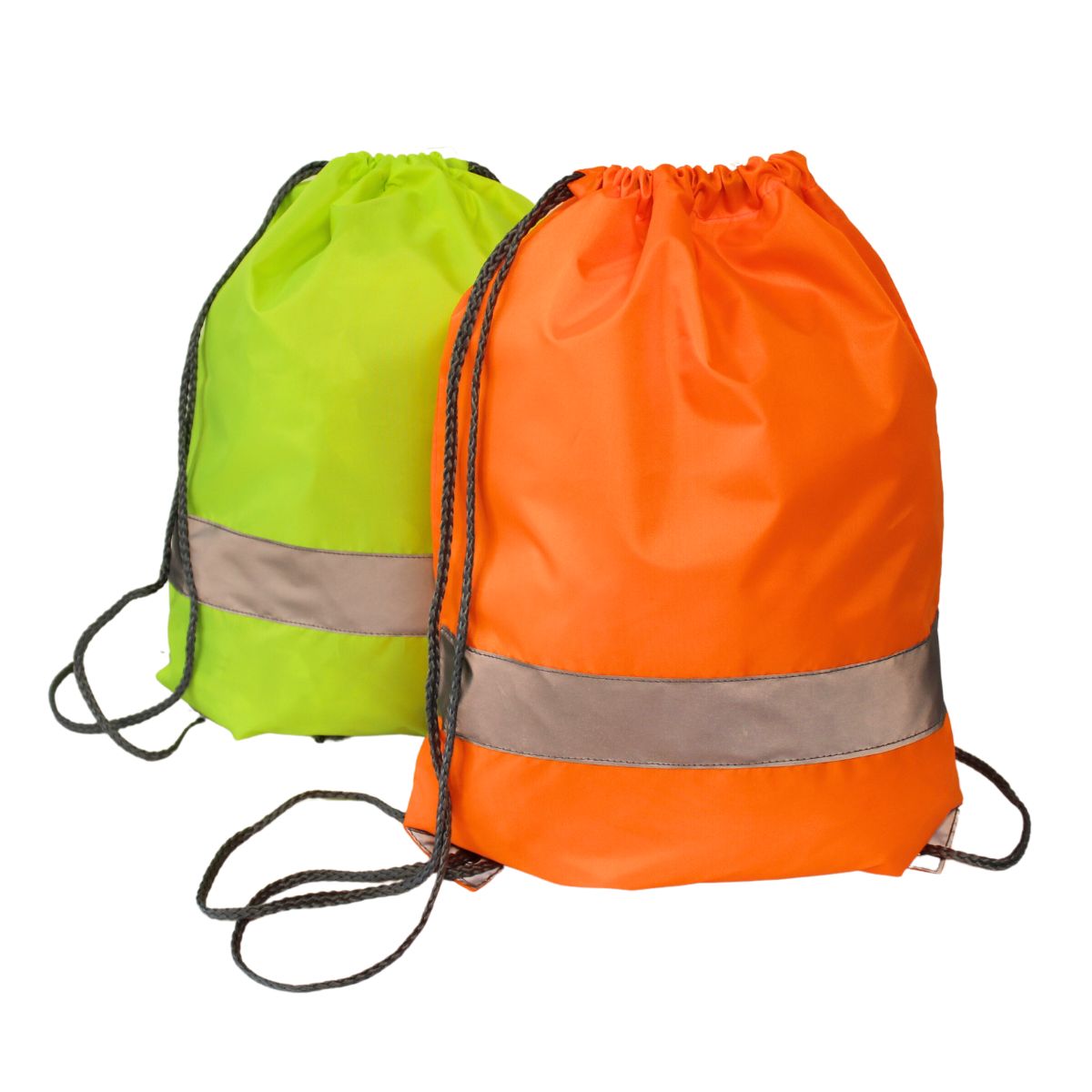 Drawstring bags, yellow and orange.