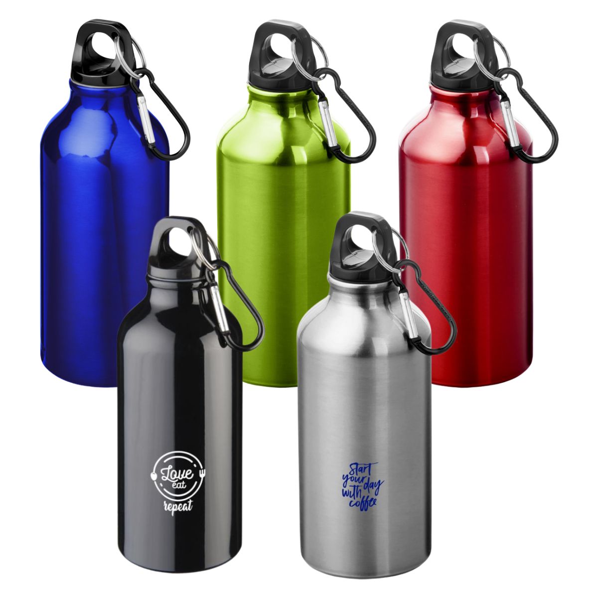 Water Bottles in green, red, blue silver and black