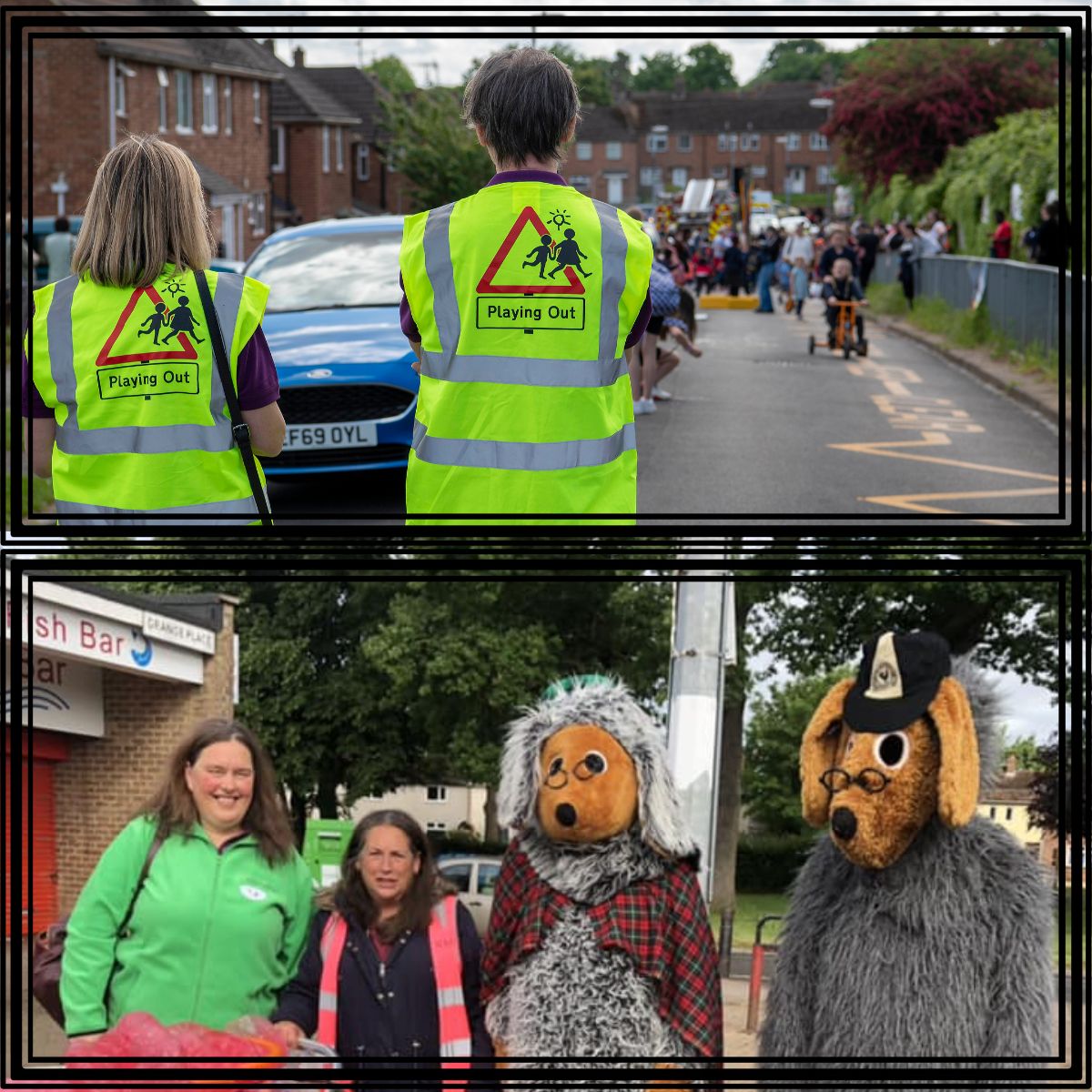 Due picture of play street road closeure for play and wombles walk