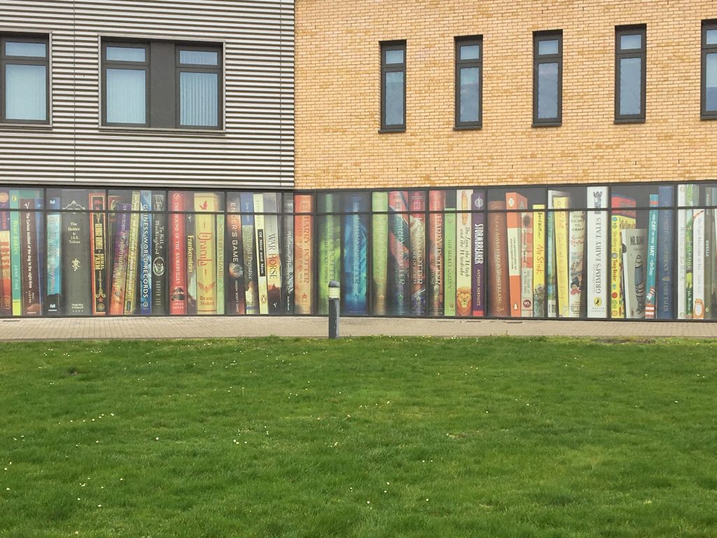 Books on a buidling.